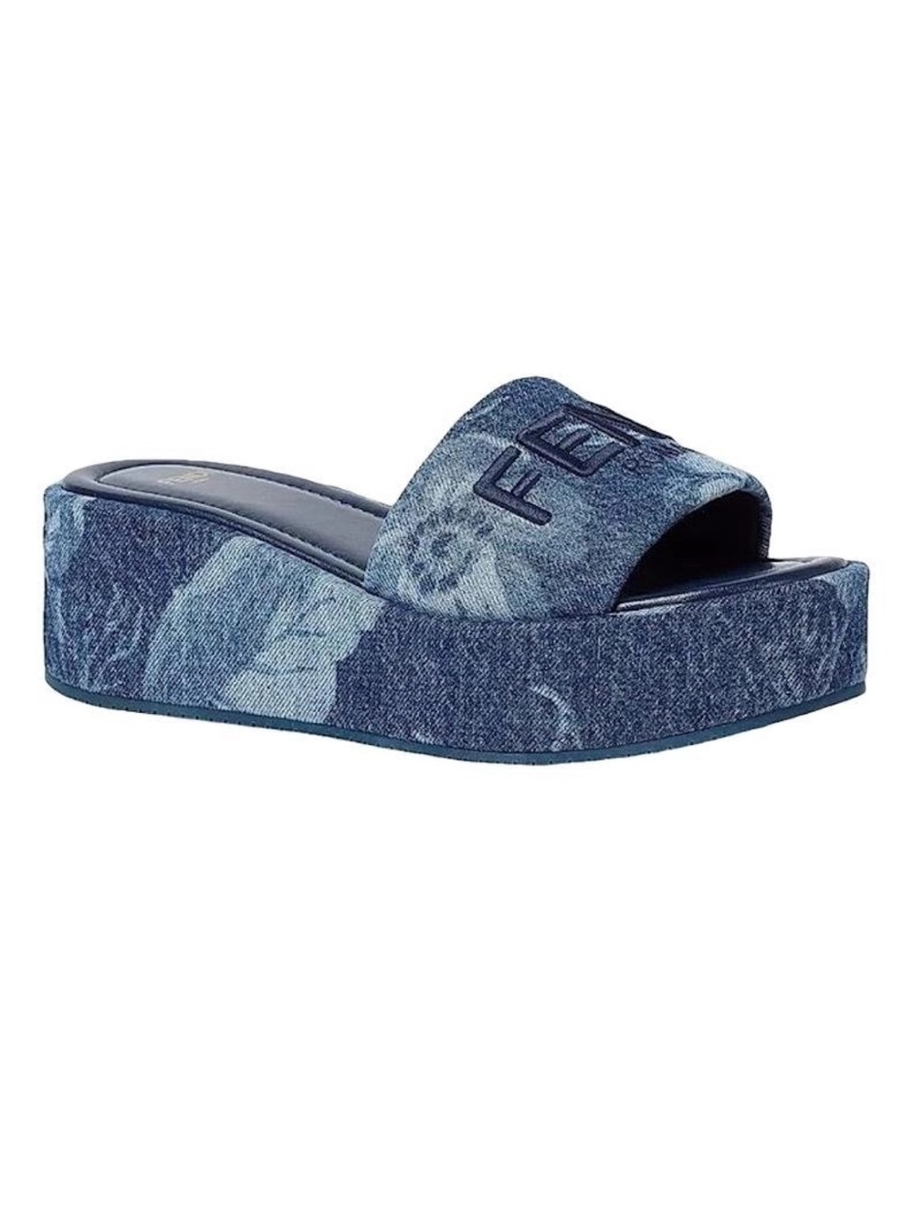 Fendi Denim Sea Garden Logo Sunshine Flatform Slide Sandals